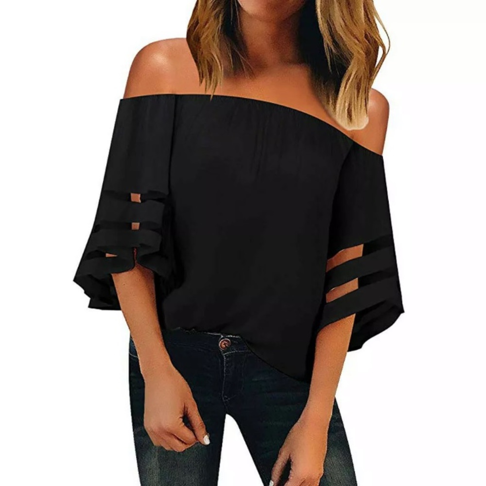 Off Shoulder Loose Mesh Panel Blouse 3/4 Bell Sle